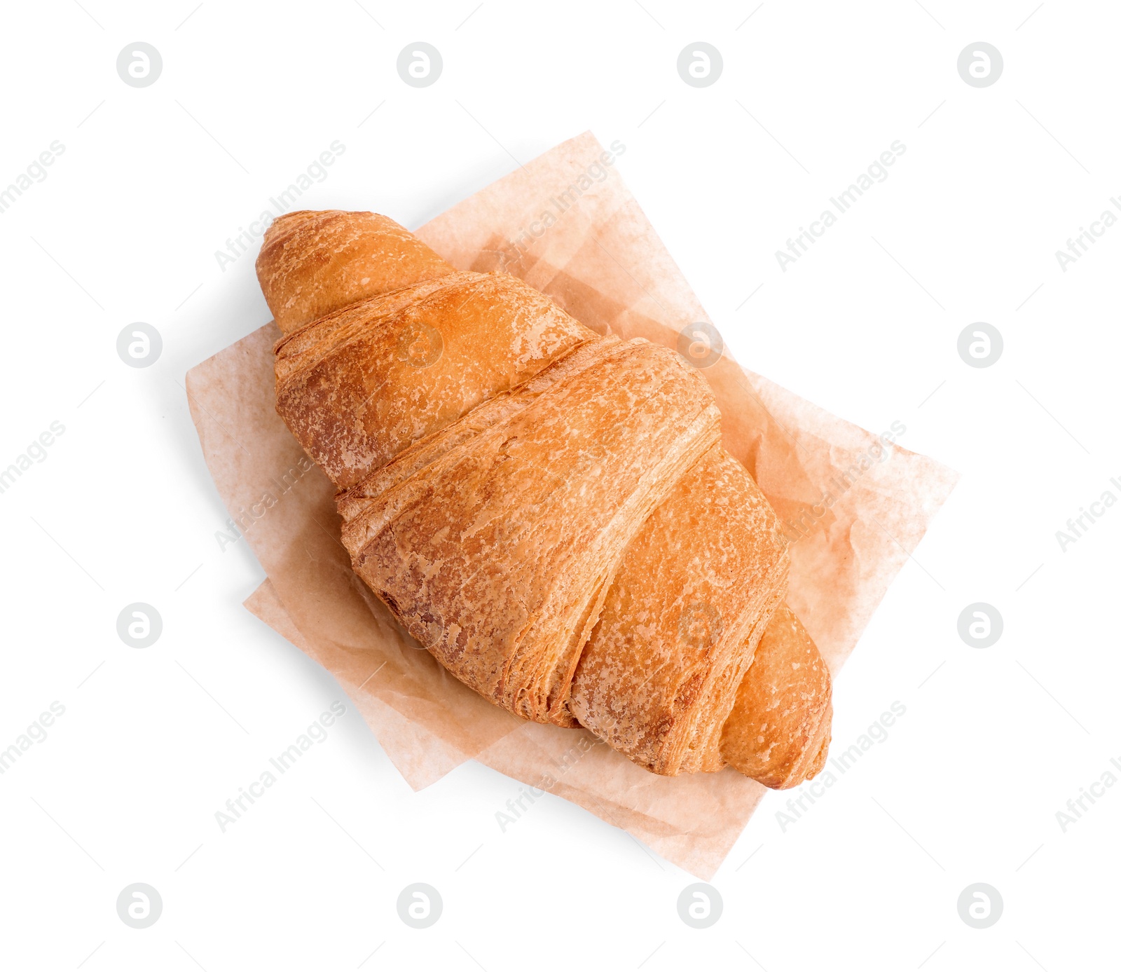 Photo of Tasty fresh crispy croissant isolated on white, top view