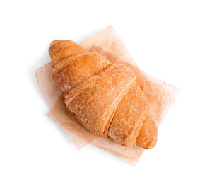 Photo of Tasty fresh crispy croissant isolated on white, top view