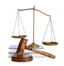 Photo of Wooden gavel, books and scales of justice on white background