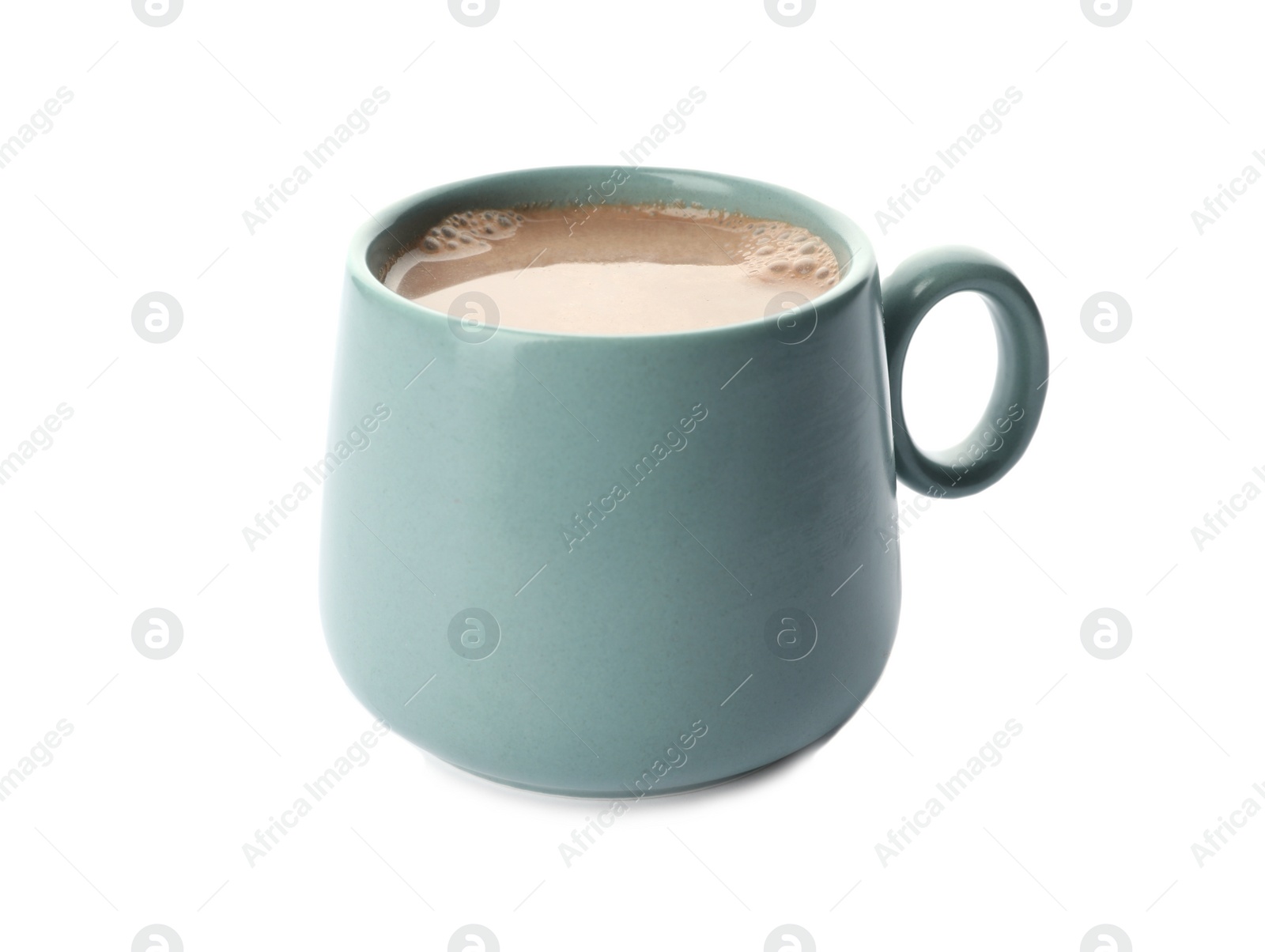 Photo of Delicious cocoa drink in cup on white background