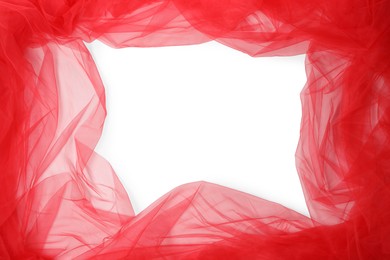Frame made of red tulle fabric on white background, top view. Space for text