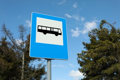 Traffic sign Bus Stop outdoors on sunny day, space for text