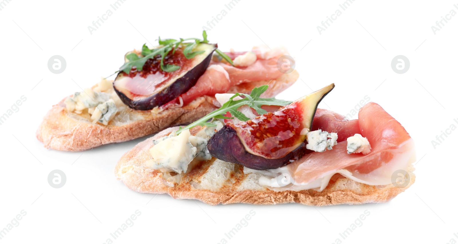 Photo of Sandwiches with ripe figs and prosciutto on white background