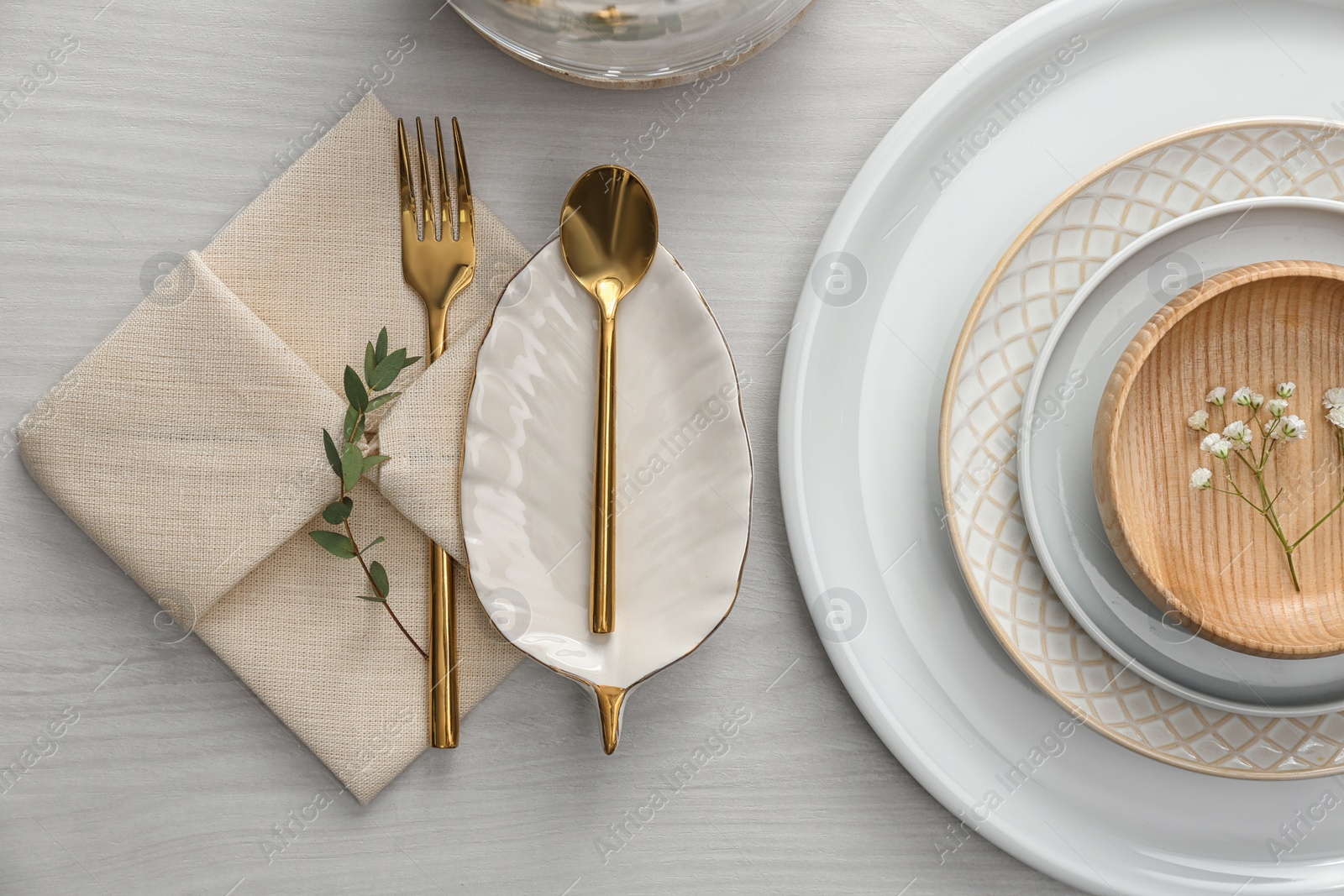 Photo of Elegant festive setting on white wooden table, flat lay