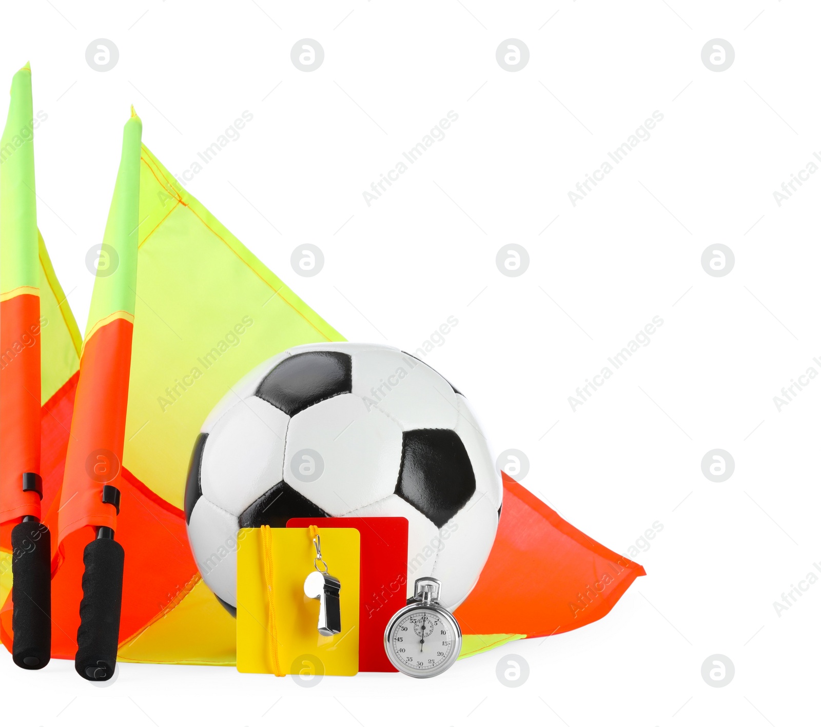 Photo of Soccer ball and different referee equipment isolated on white