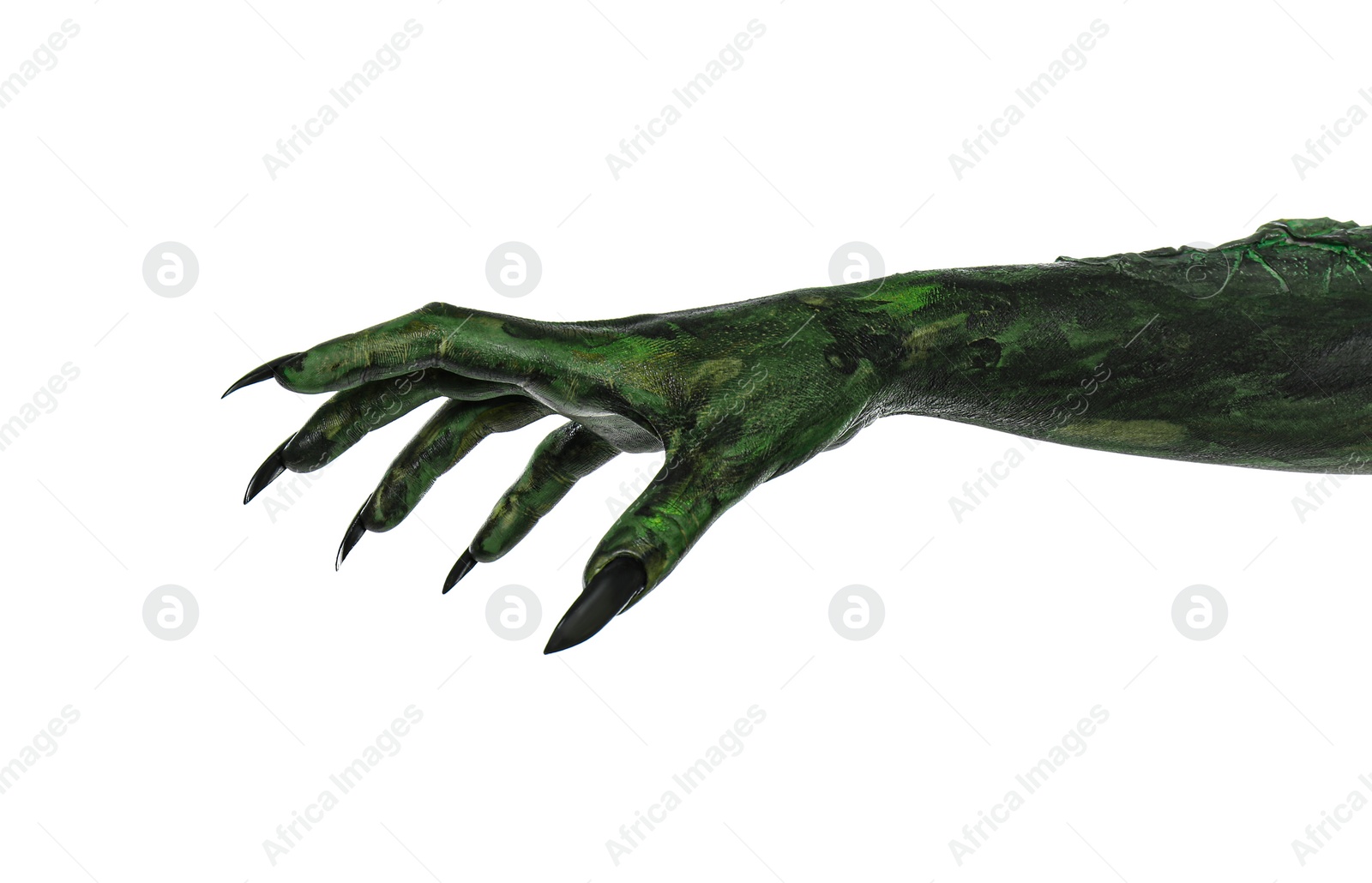 Photo of Scary monster on white background, closeup of hand. Halloween character