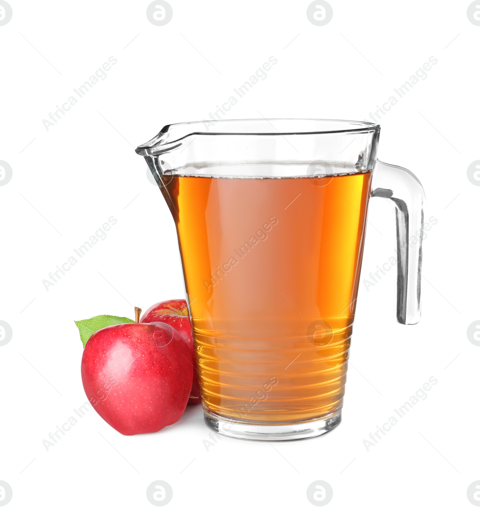 Photo of Jug with juice and fresh apples on white background