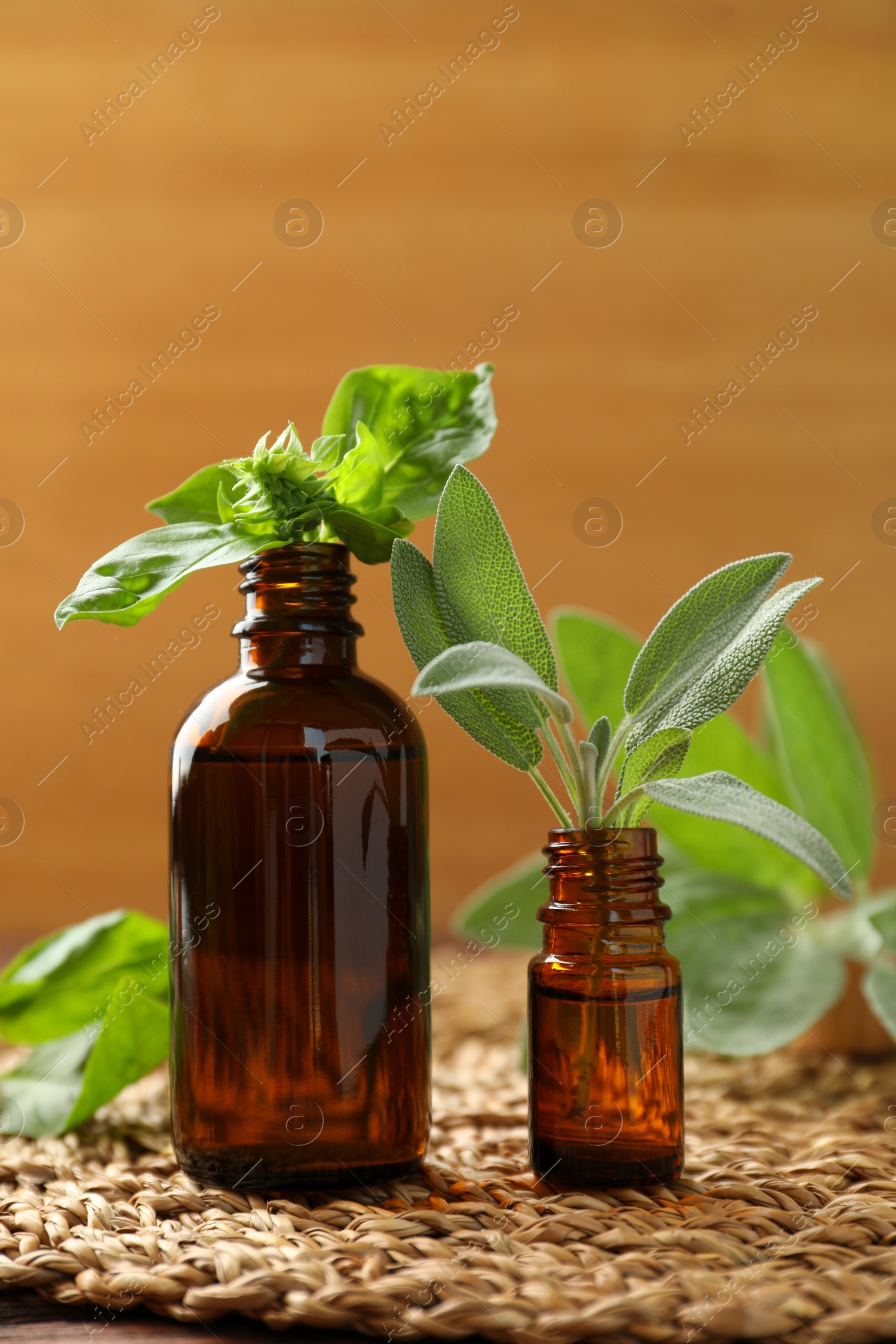 Photo of Bottles of essential oils and fresh herbs on wooden table