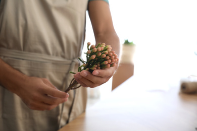 Photo of Florist with beautiful brunia flower in workshop, closeup