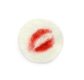 Photo of Dirty cotton pad after removing makeup on white background, top view