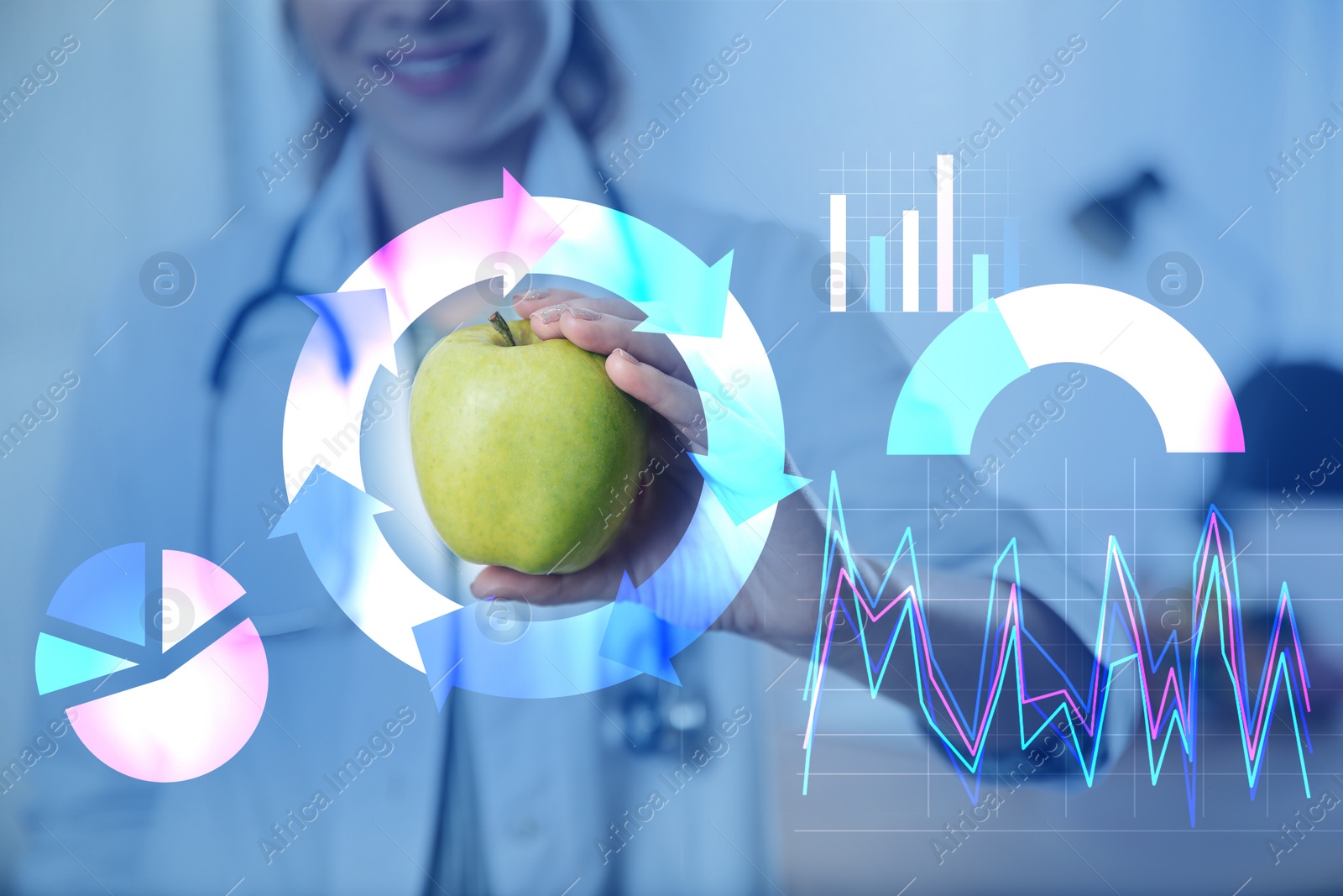 Image of Nutritionist with fresh apple in office and illustration of charts. Healthy eating