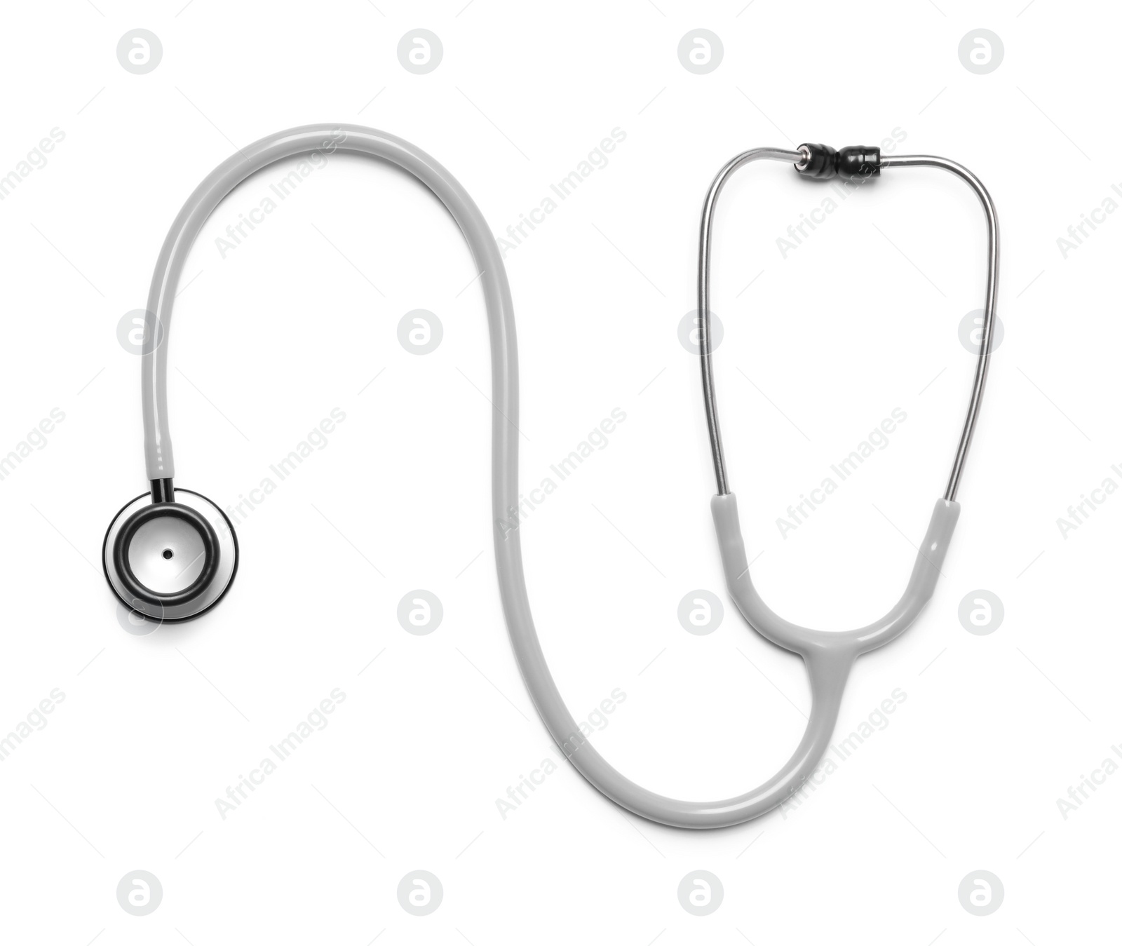 Photo of Modern stethoscope on white background, top view