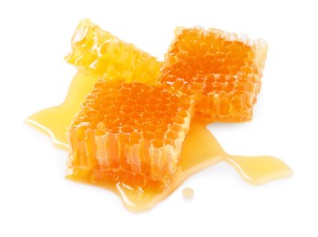 Photo of Natural honeycombs with tasty honey isolated on white