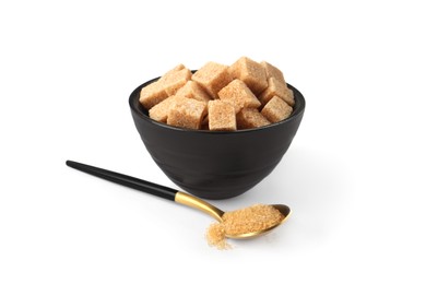 Granulated and cubed brown sugar with bowl on white background