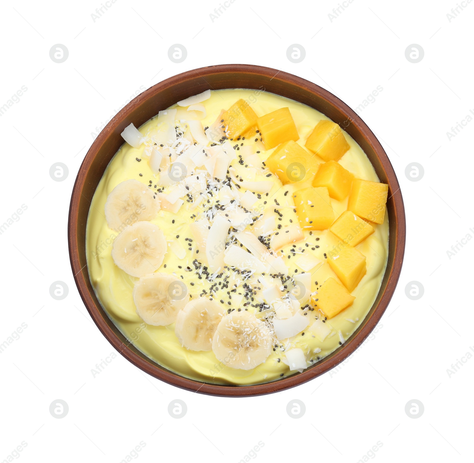 Photo of Tasty smoothie bowl with fresh mango fruit and banana isolated on white, top view