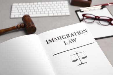 Book with words IMMIGRATION LAW, gavel and glasses on table, closeup