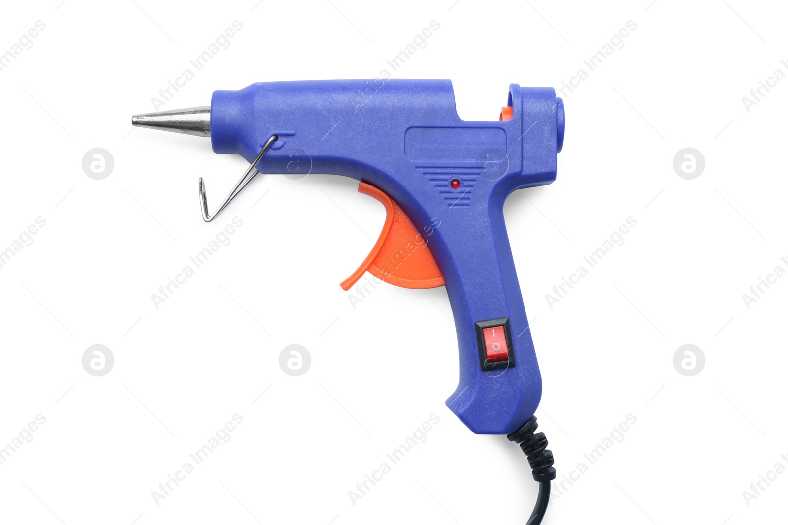 Photo of Empty blue glue gun isolated on white, top view