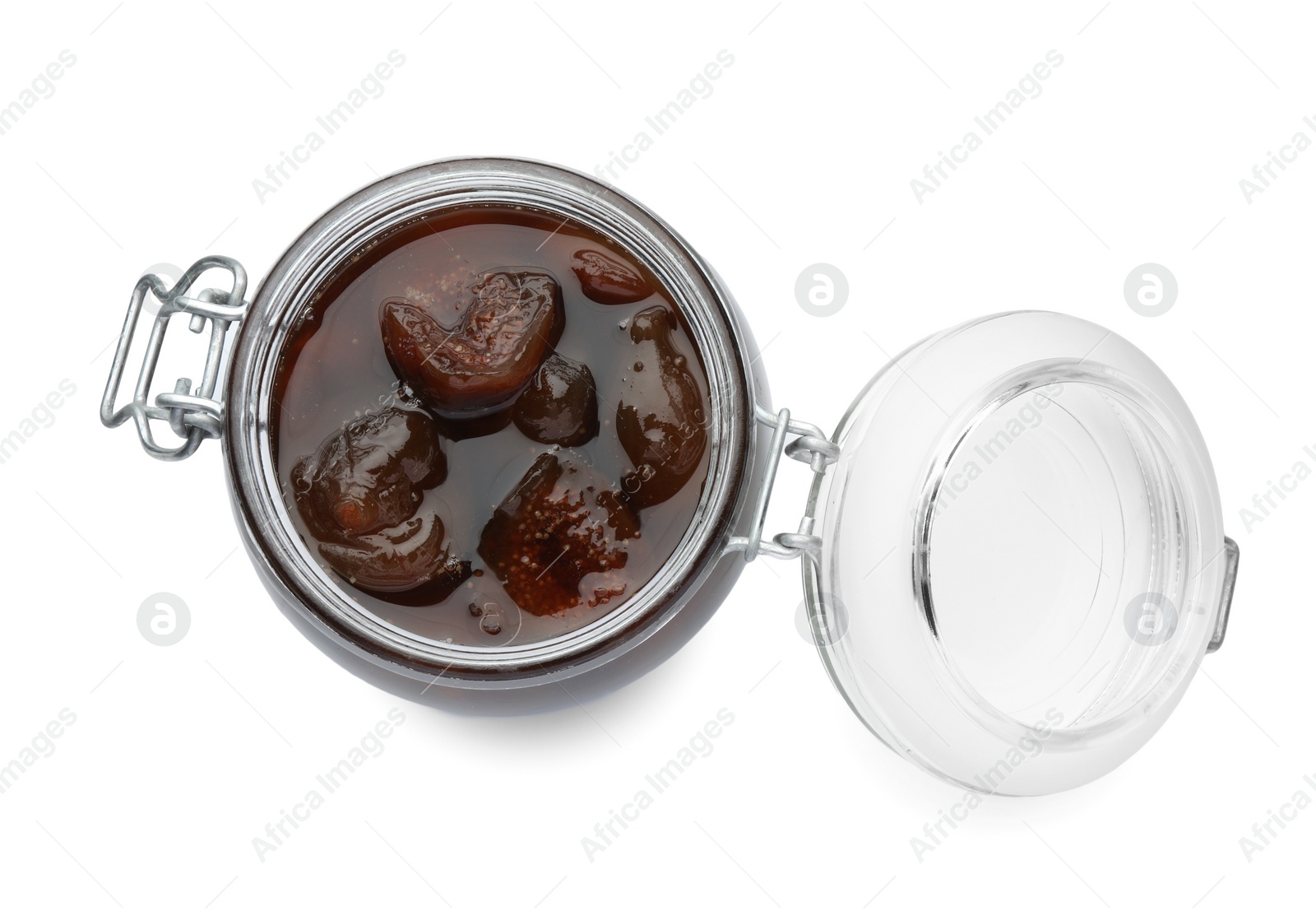 Photo of Jar of tasty sweet fig jam isolated on white