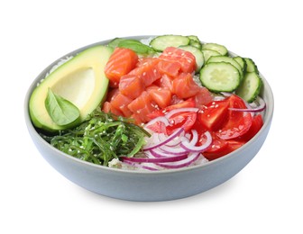 Delicious poke bowl with salmon and vegetables isolated on white