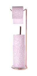 Photo of Toilet paper holder with rolls on white background. Personal hygiene