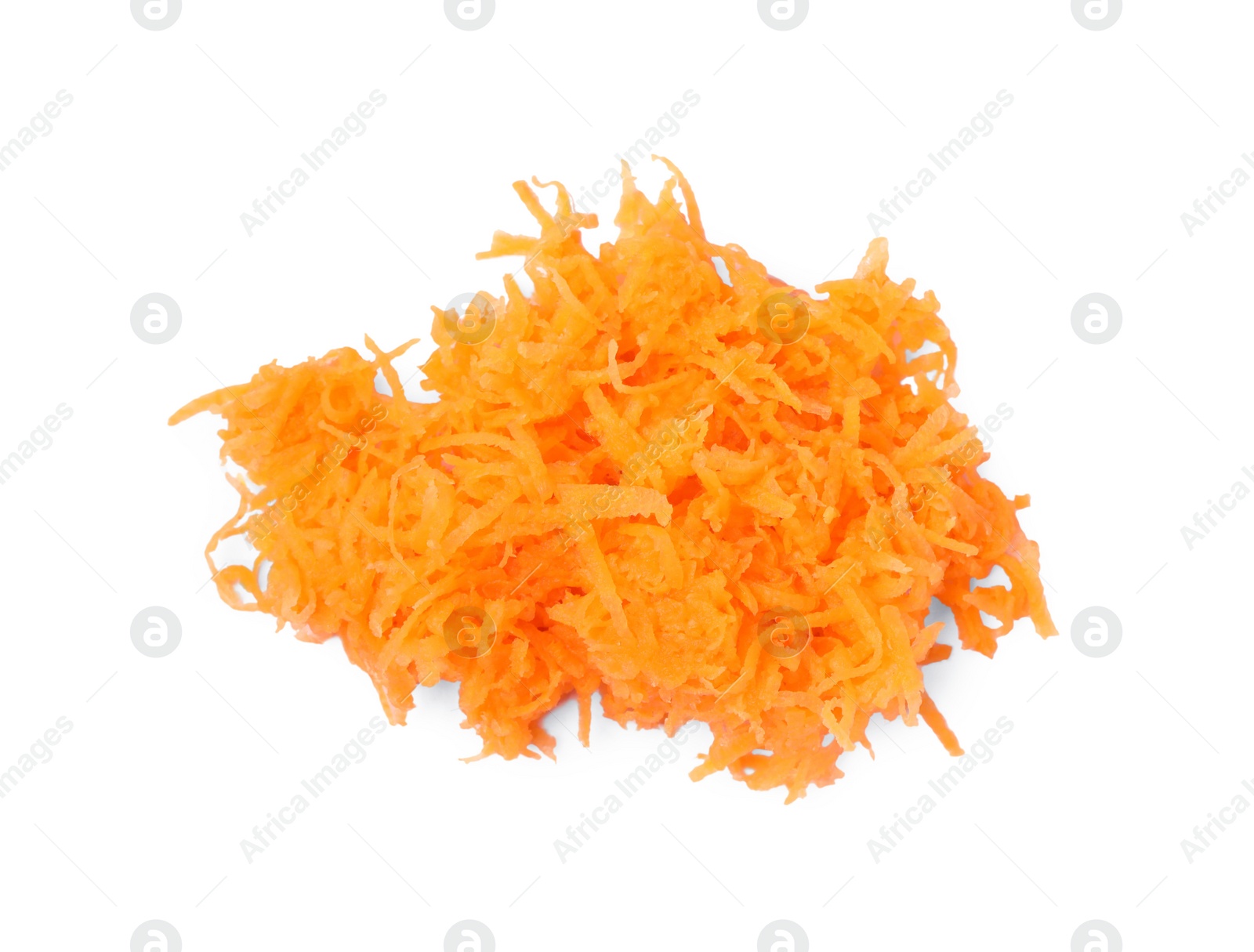 Photo of Pile of fresh grated carrot on white background, above