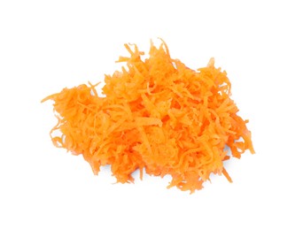 Photo of Pile of fresh grated carrot on white background, above