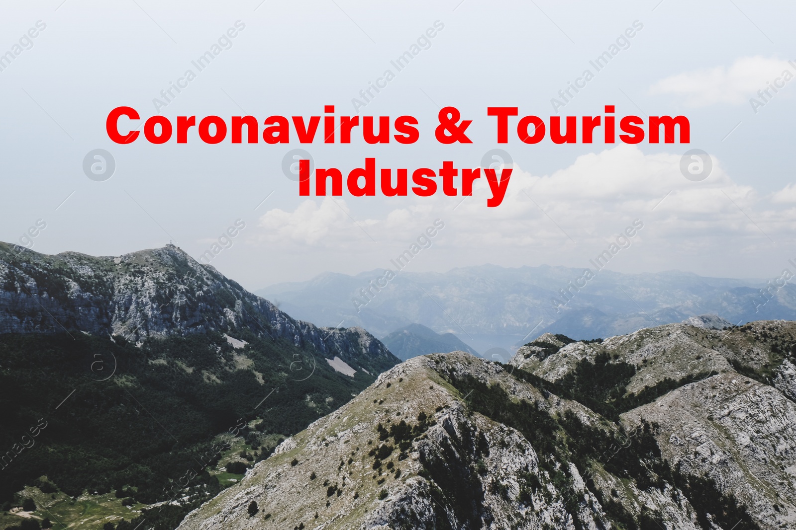 Image of Trips cancellation during coronavirus quarantine. Beautiful mountains on sunny day