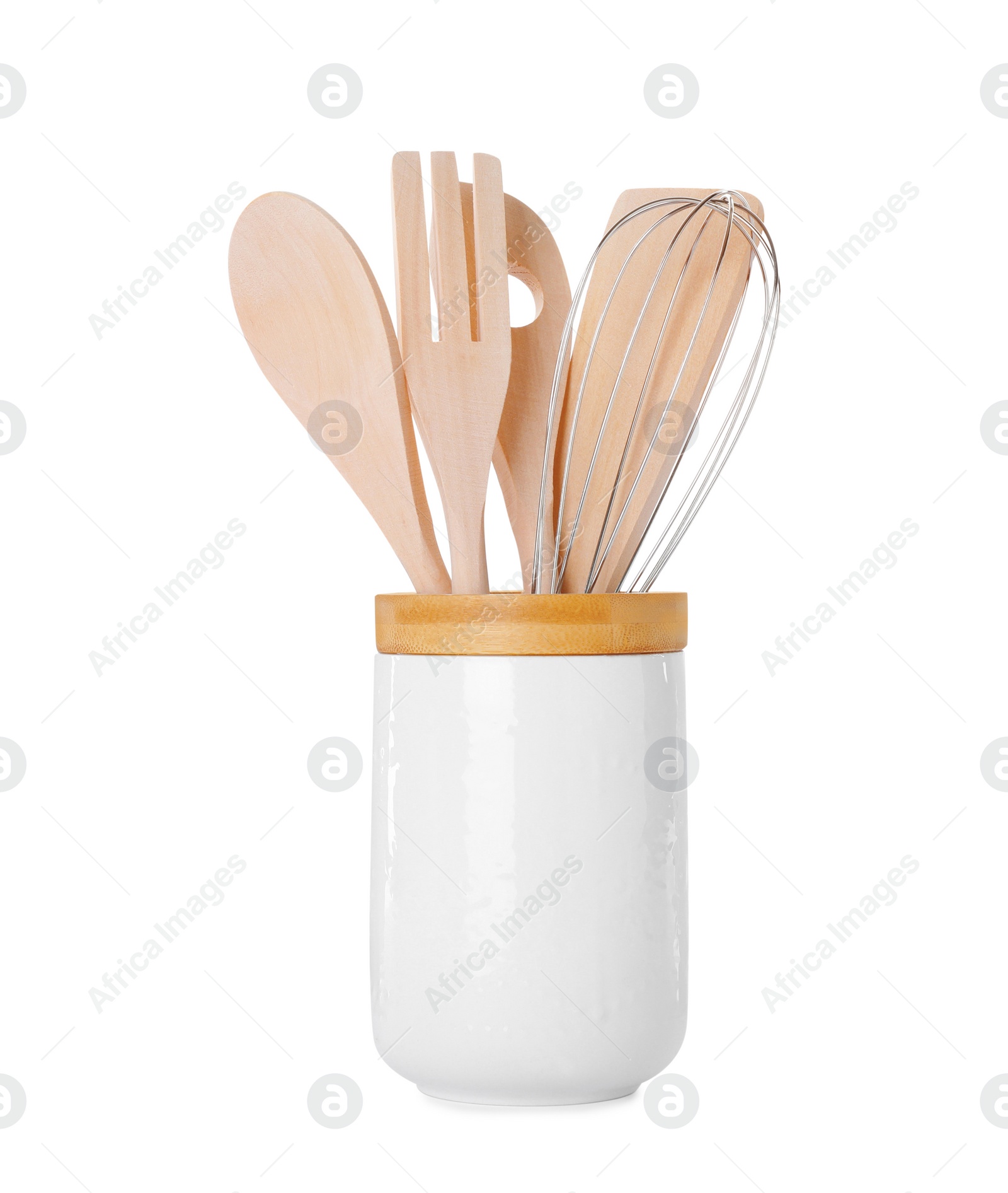 Photo of Set of wooden kitchen utensils in holder isolated on white