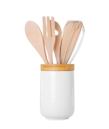 Set of wooden kitchen utensils in holder isolated on white