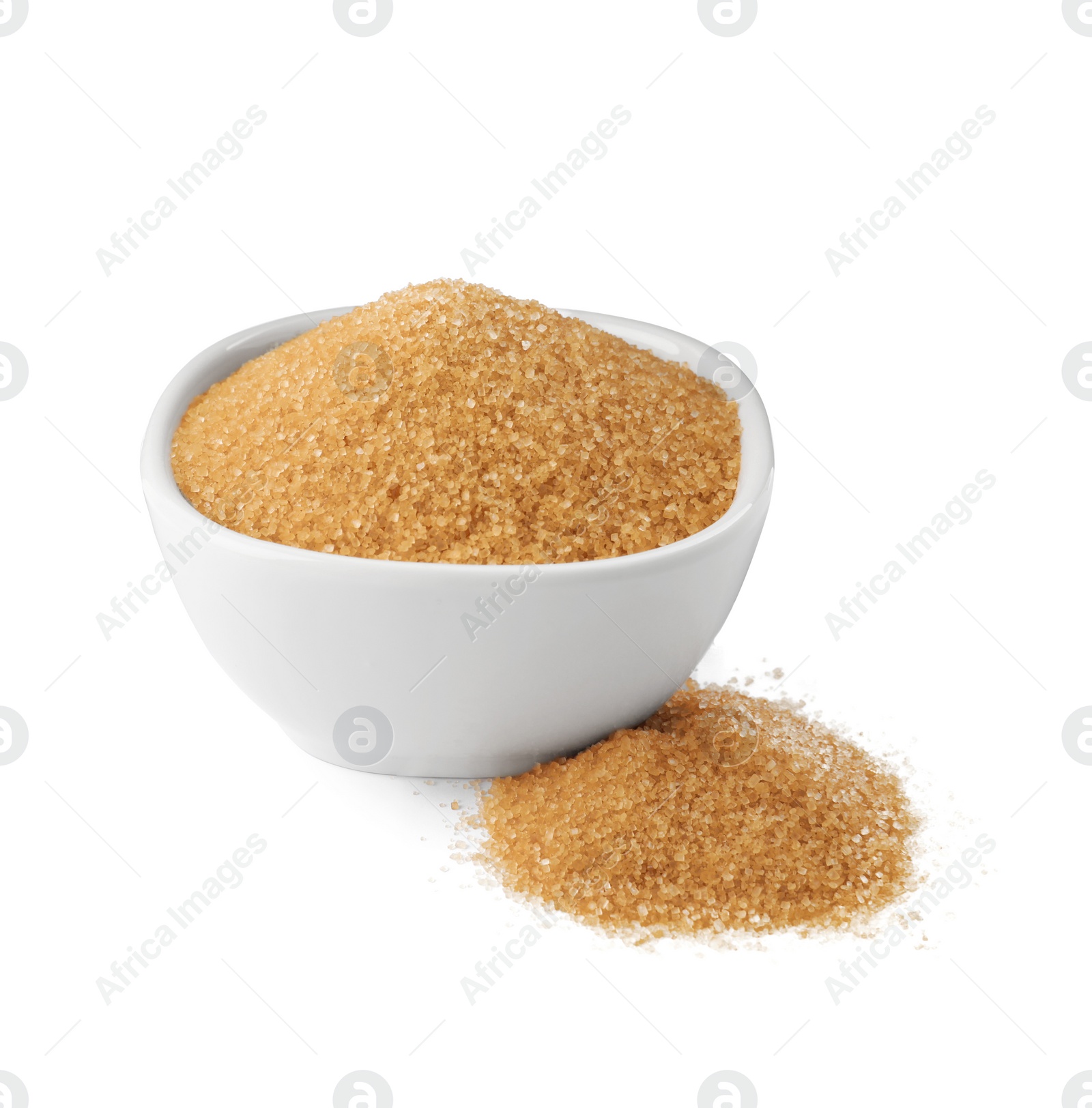 Photo of Bowl and granulated brown sugar on white background