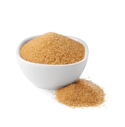 Bowl and granulated brown sugar on white background
