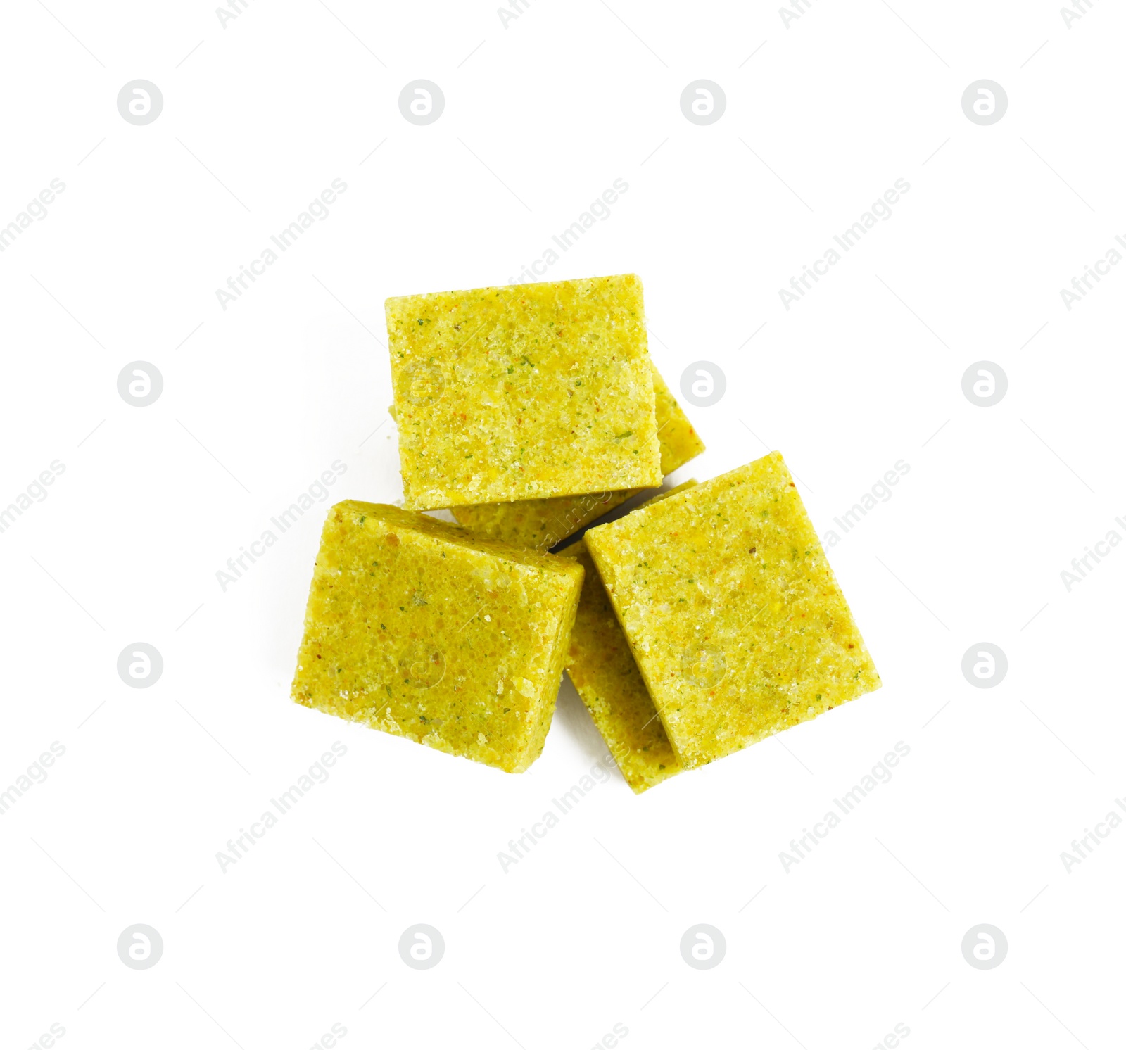 Photo of Bouillon cubes on white background, top view