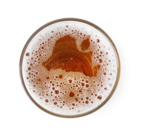 Photo of Full glass of beer isolated on white, top view