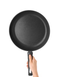 Photo of Woman holding new non-stick frying pan on white background, closeup