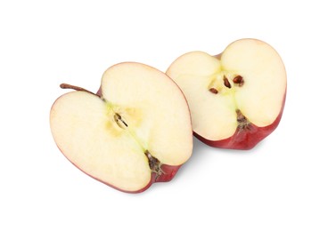 Photo of Halves of ripe red apple on white background