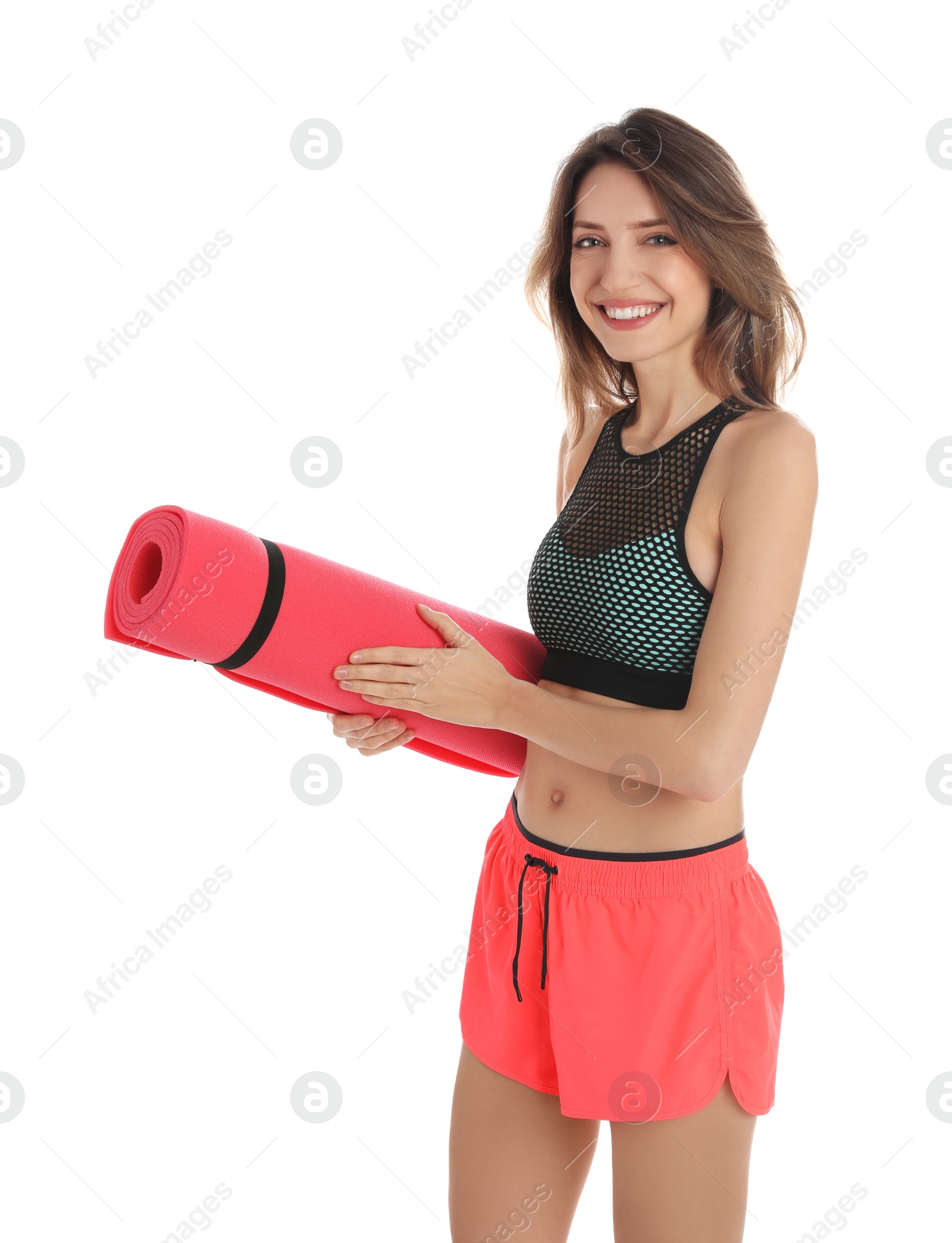 Photo of Beautiful woman with yoga mat on white background
