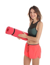 Beautiful woman with yoga mat on white background