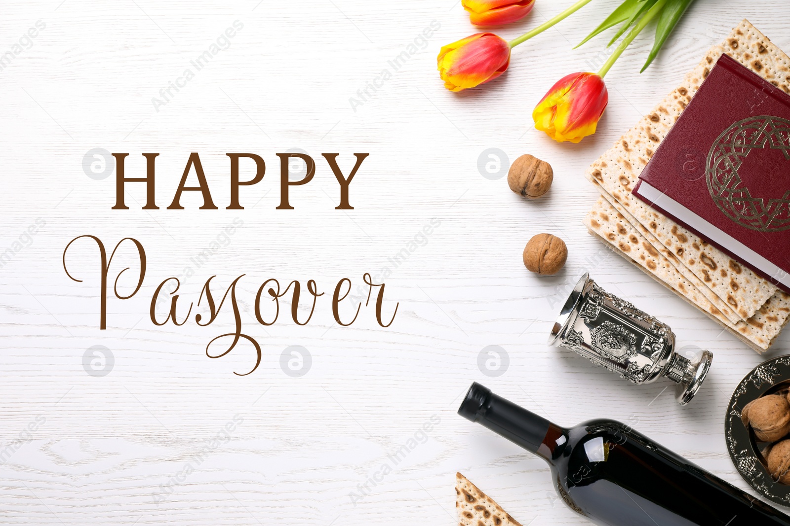 Image of Flat lay composition with symbolic Pesach (Passover Seder) items on white wooden table