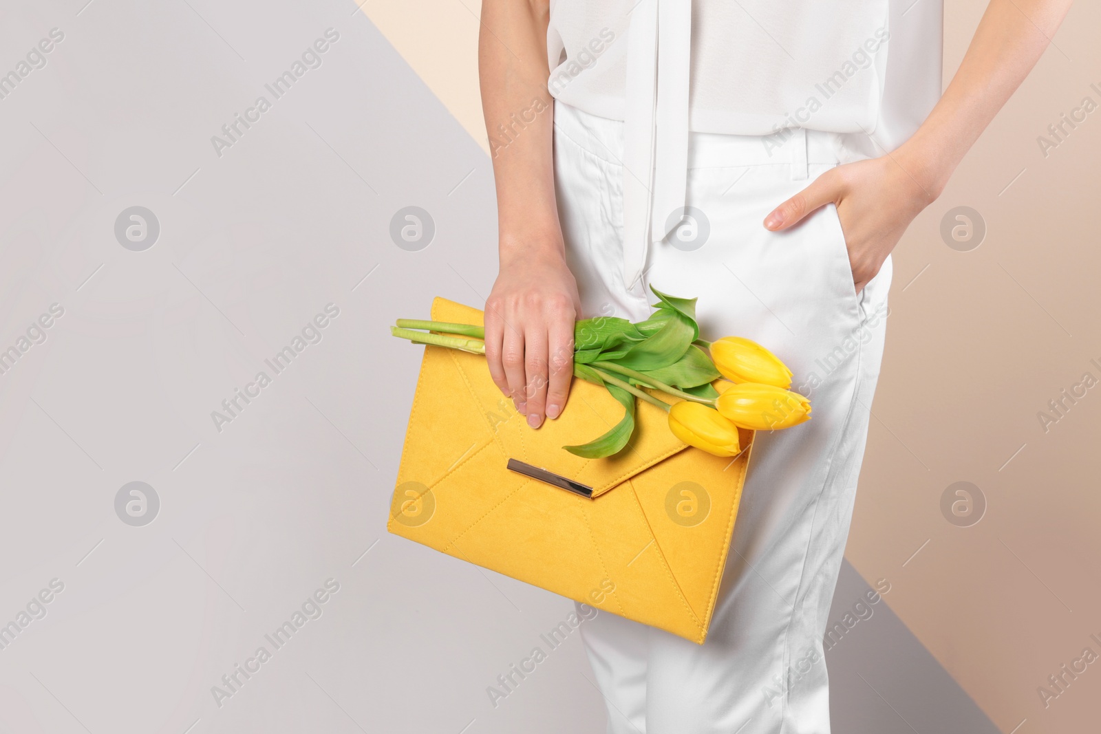 Photo of Stylish woman with clutch and spring flowers against color background, closeup. Space for text