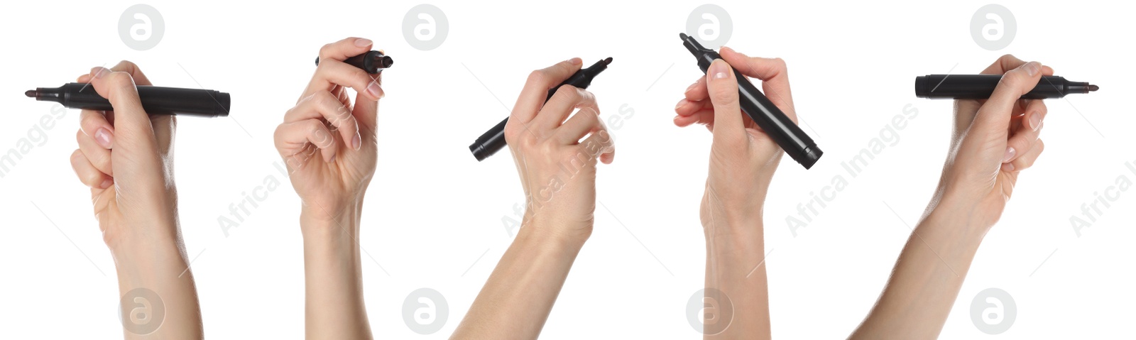 Image of Collage with photos of woman holding black markers on white background, closeup