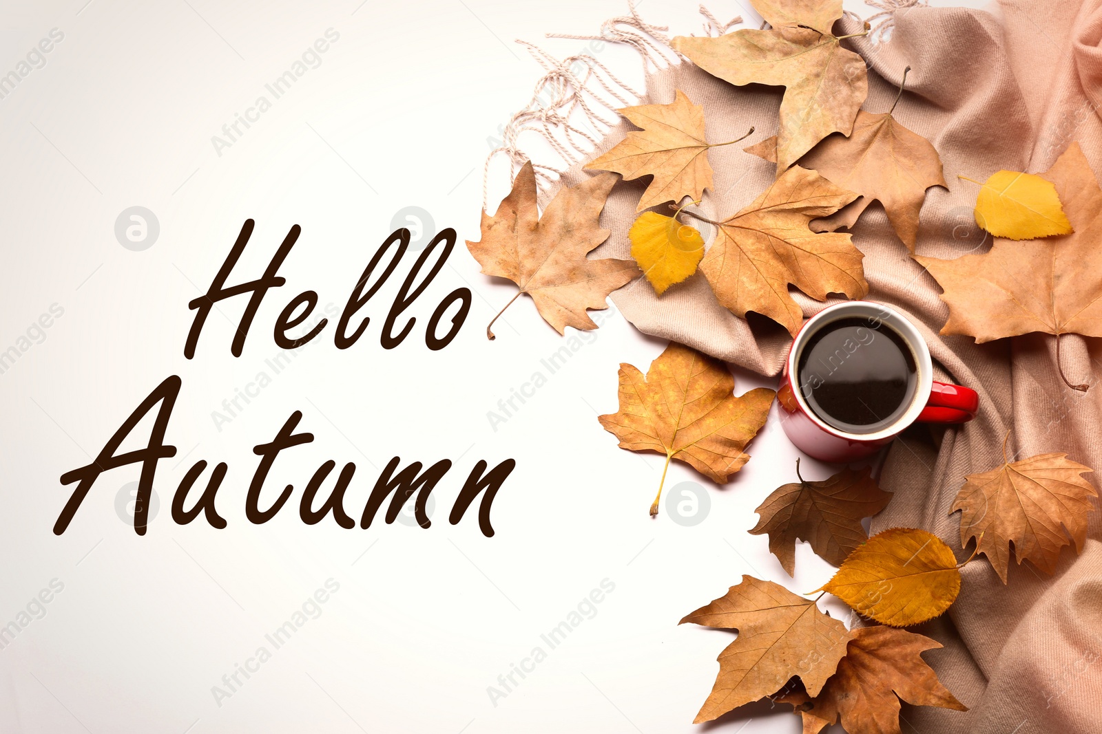 Image of Text Hello Autumn, dry golden leaves and cup of coffee on light background, flat lay