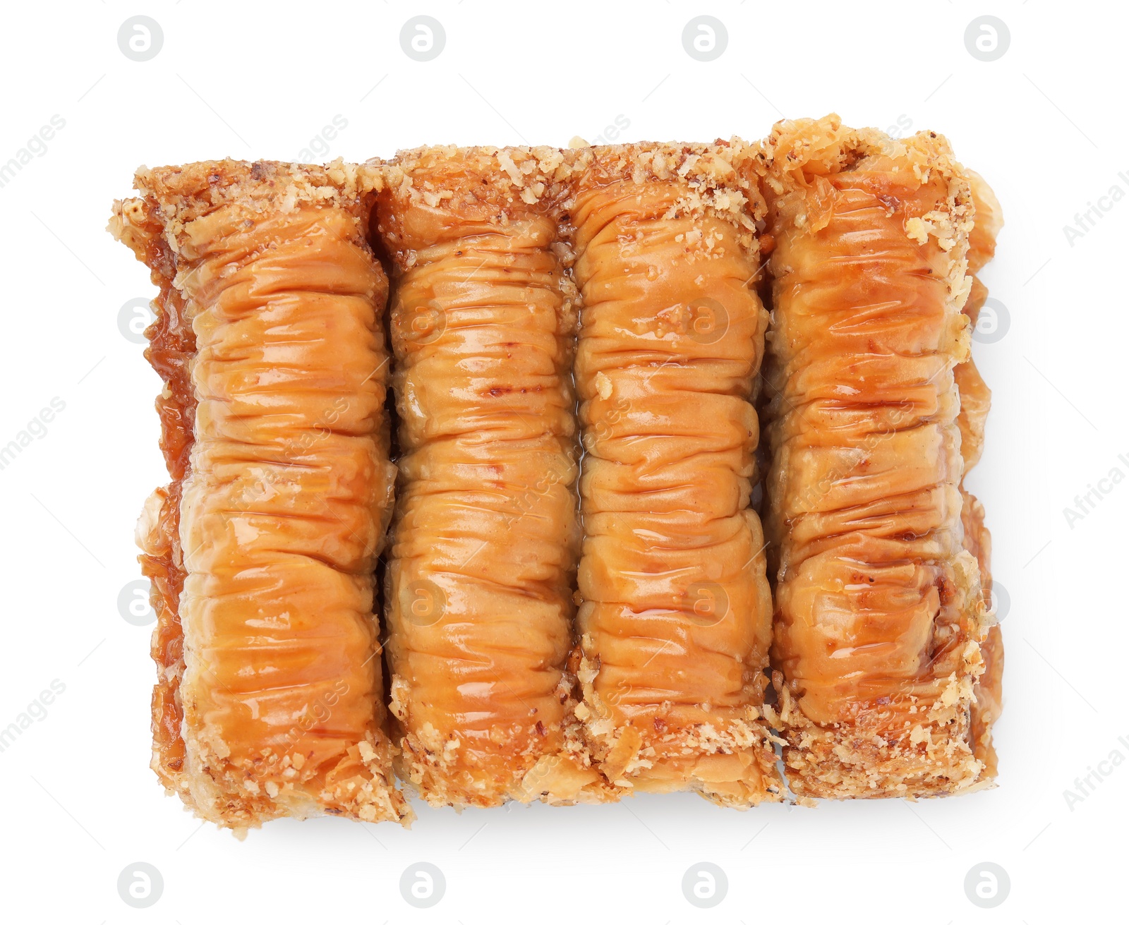 Photo of Eastern sweets. Pieces of tasty baklava isolated on white, top view