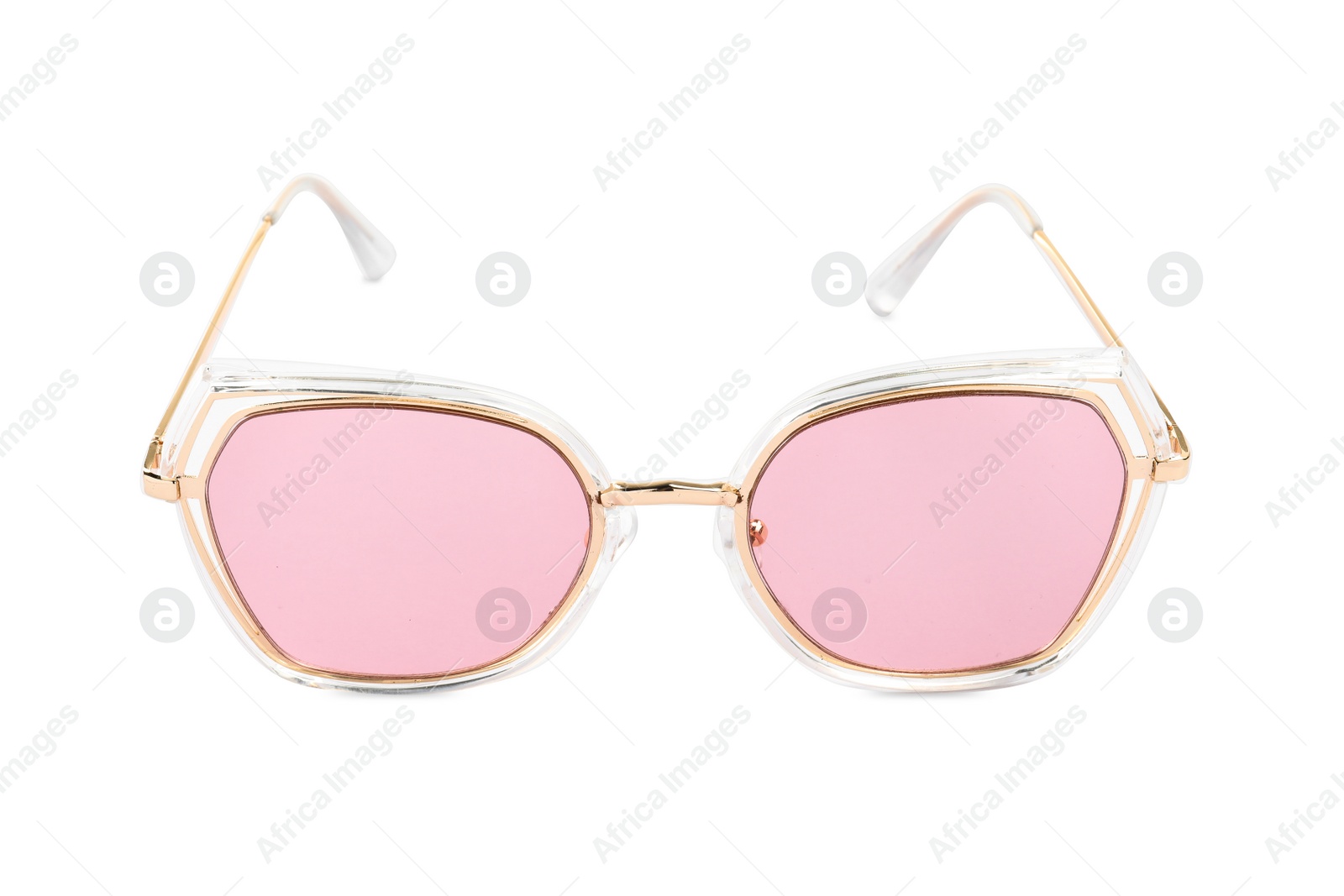 Photo of New stylish sunglasses isolated on white. Fashionable accessory