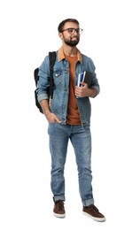 Photo of Student with backpack and books on white background