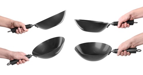 Image of Man holding metal woks on white background, set of photos