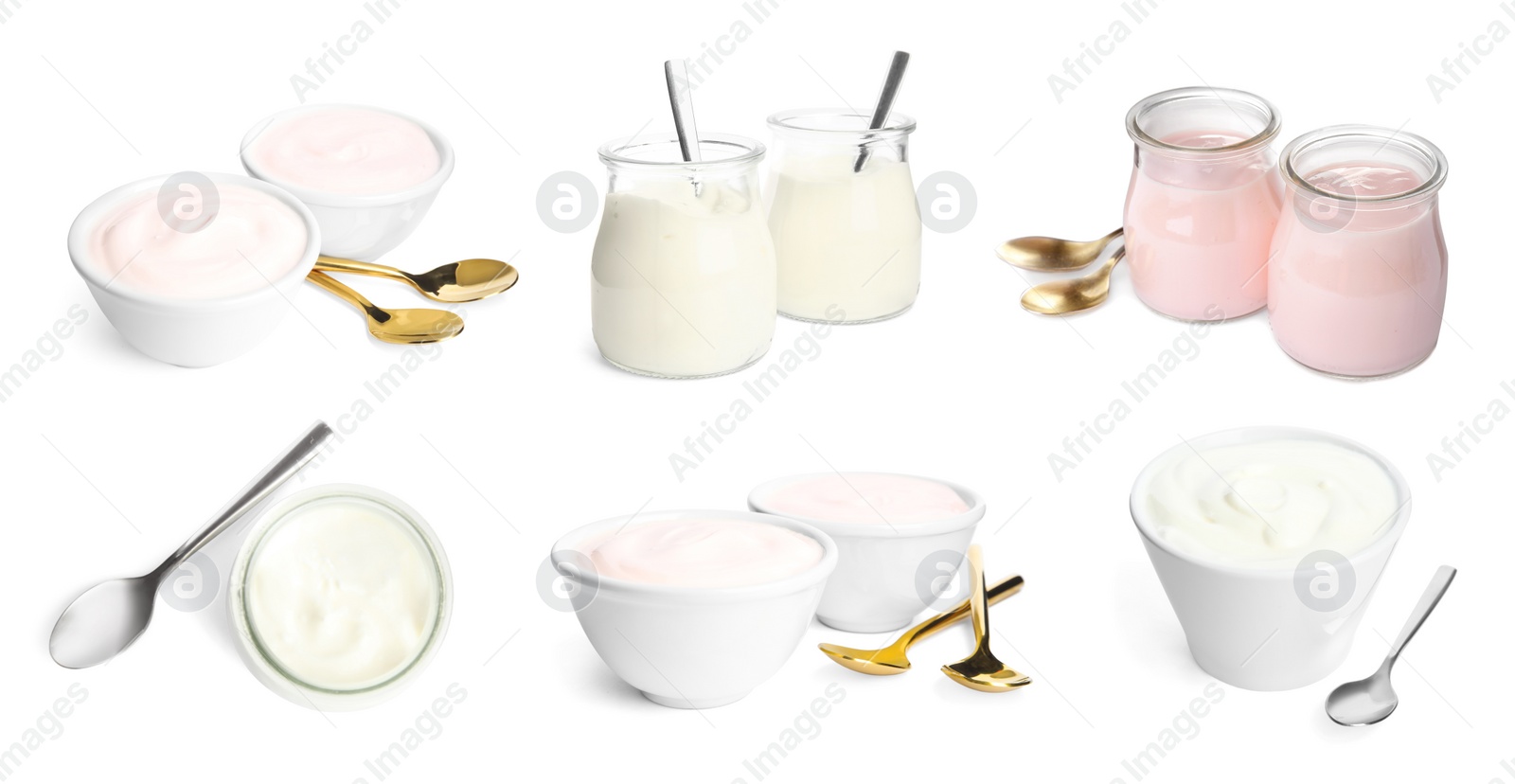 Image of Set with tasty yogurts on white background. Banner design