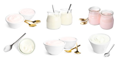 Image of Set with tasty yogurts on white background. Banner design