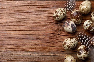 Speckled quail eggs and feathers on wooden table, flat lay. Space for text
