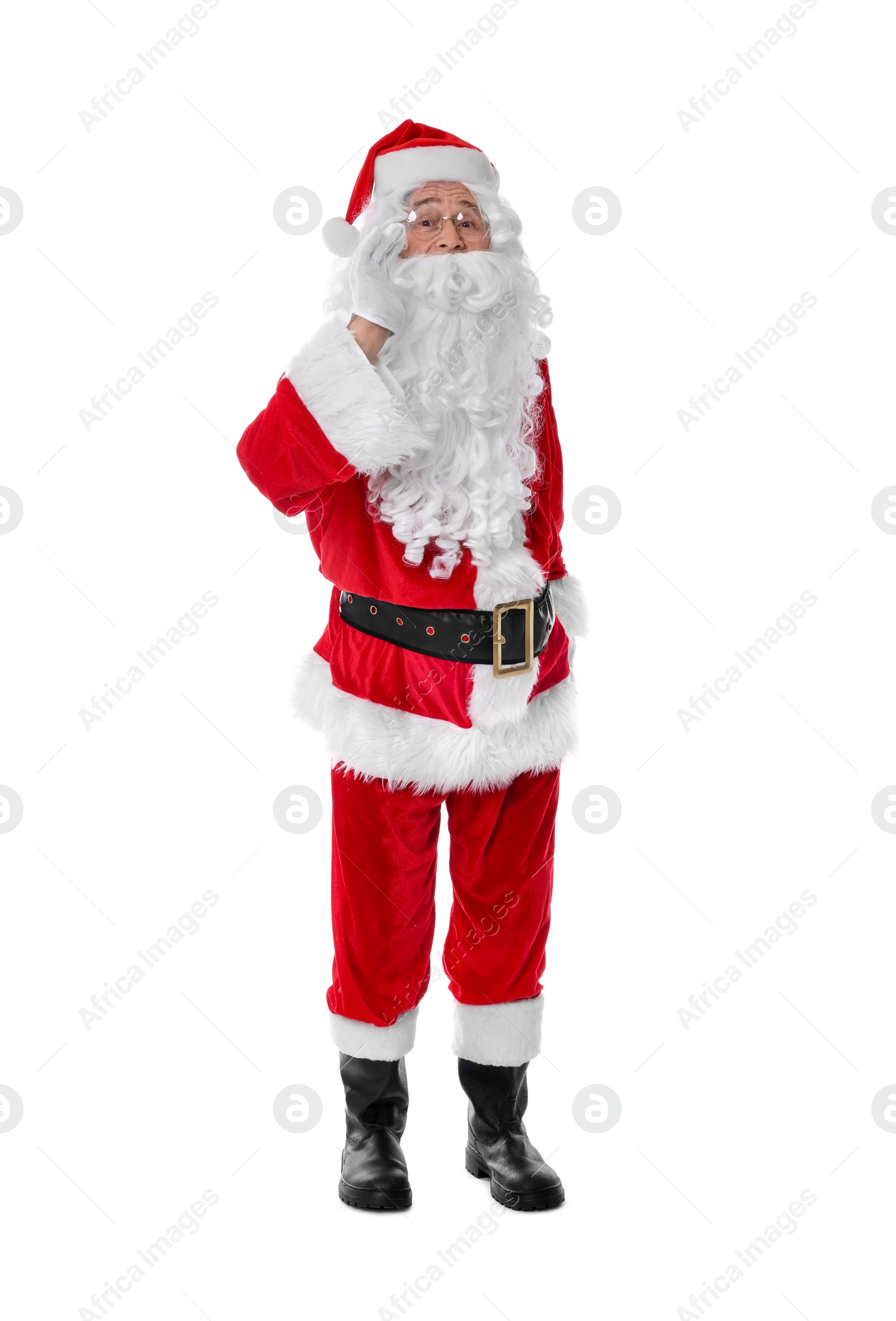 Photo of Man in Santa Claus costume posing on white background