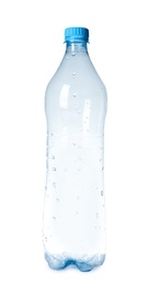 Photo of Empty plastic bottle on white background. Recycling problem